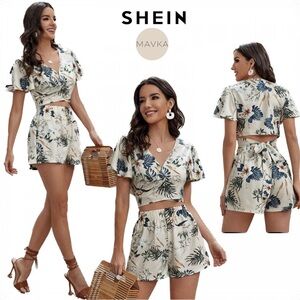 Women's Summer Floral and Print Crop Wrap Top with Shorts Casual Sexy Outfits